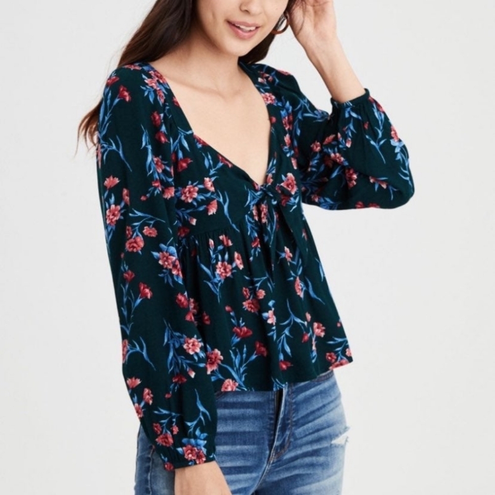 American Eagle Women's Top Blouse Floral Boho Tie Front Long Sleeve Size M